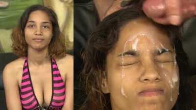 Nice girl is offering her face as a place to deposit three thick cum dumps.