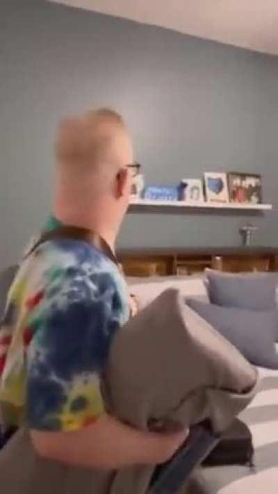 John loves his suprise! His sister, and brother-in-law (who he lives with) re-did his bedroom while he was away with family. This was amazing reaction once he returned home. 🥺🥺