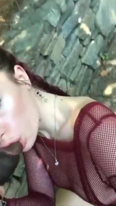 Sucking her boyfriend's dick on their hike [GIF]