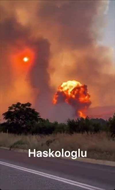 Today, The wildfire in Greece spread to military bases. Ammunition at military bases explodes.