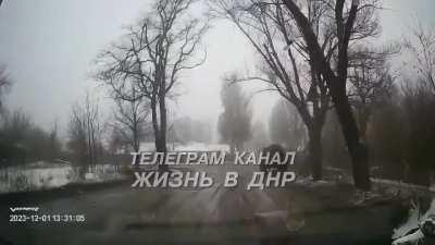 It is reported that in the temporarily occupied Donetsk, a Russian invader, driving military equipment, once again collided with a civilian car.