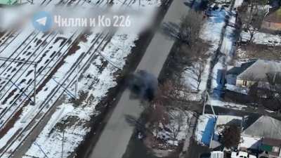 Ukrainian scouts spotted a Russian truck, turned into an alley, set up an ambush using RPG-22 at close range. The truck driver was eliminated. Slatyne, Kharkiv Oblast [16.03.2022]