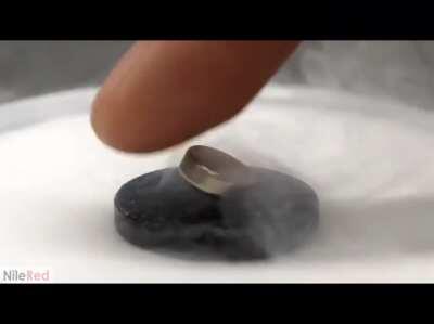 This magnet levitating because of the super conductor