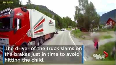 This truck driver stopping just in time (Volvo Trucks confirmed their pre-collision breaking didn’t yet support pedestrians)