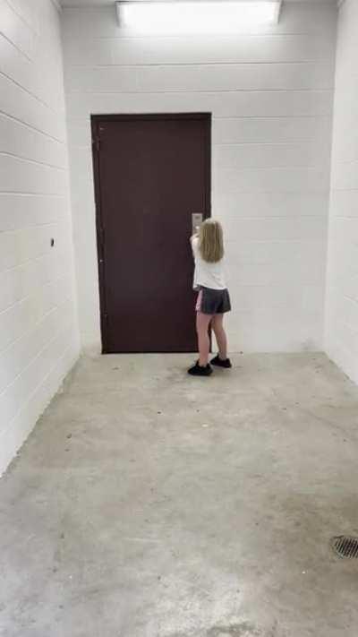 My daughter got lost in a bathroom with two doors, one locked. I had to seize the opportunity to play along.