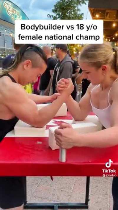 Arm wrestling - bodybuilder vs 18 yr old female national champion