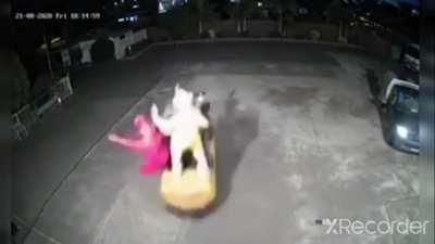 4 guys dress up as teletubbies and steal a forklift