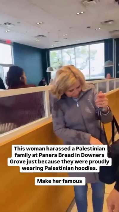 Boomerina at Panera attacks Palestinian family for wearing Palestine hoodies. Downers Grove, IL