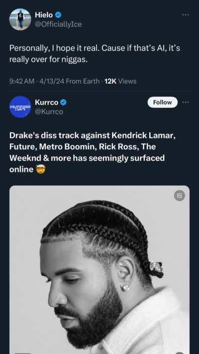 The fact that no one is able to 100% verify whether this Drake diss is real or AI is hilarious… 😂
