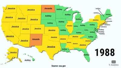 Самые популярные имена новорождённых девочек в США с 1950 по 2018г.