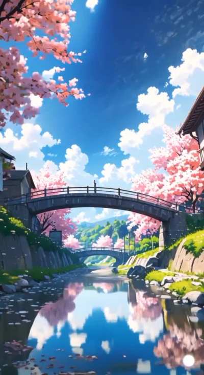 Cherry blossom river banks mobile phone wallpaper 