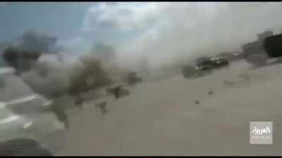 One of the 3 missiles hitting Aden airport (The whole government is packed in that plane)