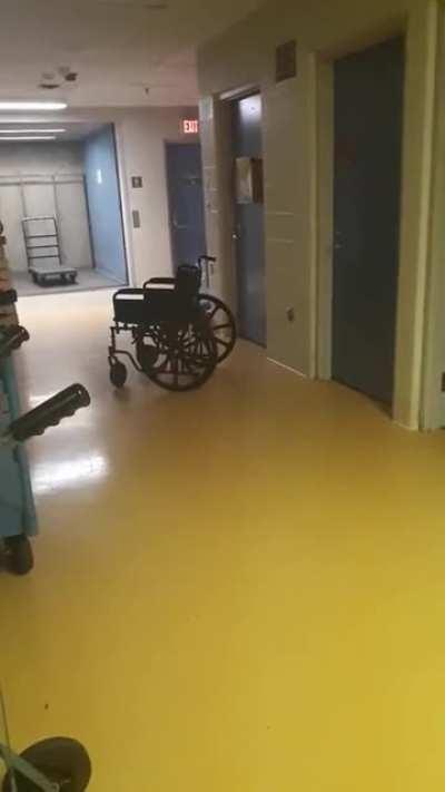 This was about a year ago. I do security at a hospital. The chair was on the other side of the hallway on my first patrol, and on my second patrol this is what i had found. This is really the only time ive ever expereinced anything spooky like this. Never