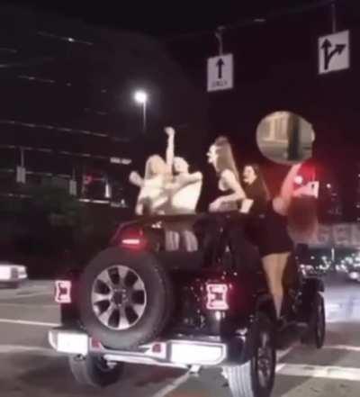 Let’s drunkenly dance in the middle of traffic on a Jeep with no doors. This should work out fine.
