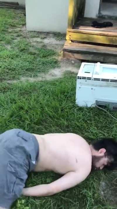 Flying elbow drop onto microwave results in severe pain