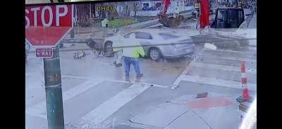 car ends up in construction zone