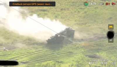 RU pov: Moving Ukrainian MRAP is hit and destroyed.