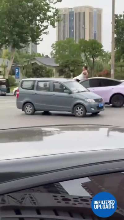 Woman attacks pink Tesla and random cars on the road