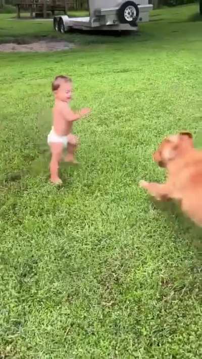 Just a baby and a dog playing in a puddle