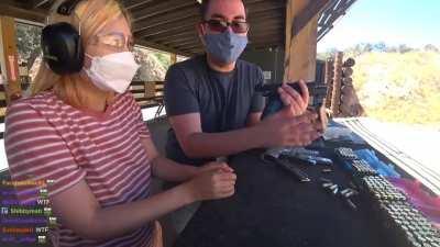 Twitch Streamer want to show fellow range users the barrel of her gun.