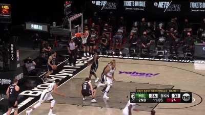 [Highlight] Giannis with the insane defensive block on Kyrie, which leads to beautiful fastbreak assist.