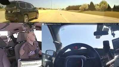 Oklahoma highway patrol chases a suspect as he is being shot at, narrowly being hit multiple times.