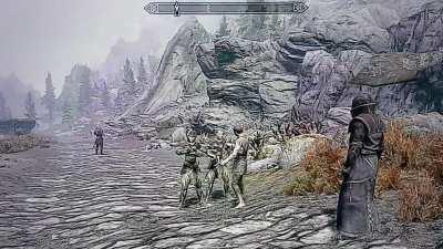 I decided to follow the Thalmor and see what other random encounters I find along the way. I didn't expect two of them and the prisoner to break out the tankards and have a dance after I requested 'The Dragonborn Comes' from Talsgar. The Justiciar's slow 