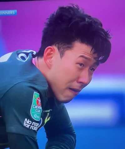 Son crying after Tottenham lose to Manchester City in the Carabao Cup final.