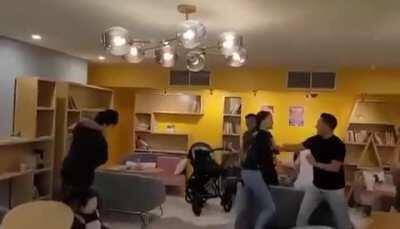 The girl is asking for her salary to be paid, when denied, called the owner a cheapskate. Enraged owner gets violent.