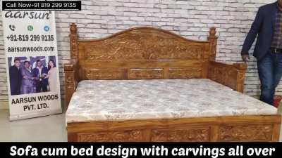 Teak wood Hand Carved Sofa cum Bed for Small Spaces