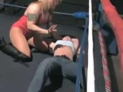 Older mature wrestler doing a demonstration asks for a volunteer at a college bar, she picks the freshman student with the jeans and tube top... wonder why?