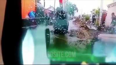 Man uses an excavator bucket against his co-worker. (Re-upload)