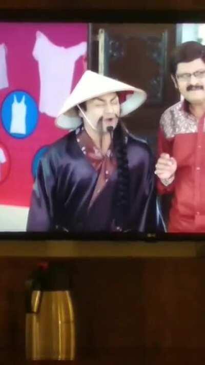 I dont know if this belongs here or not, but this is what an average chinese person looks like according to Indian TV shows.