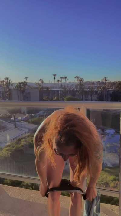 Staying in a hotel means you flash on the balcony in the morning. It’s the rules. [GIF]