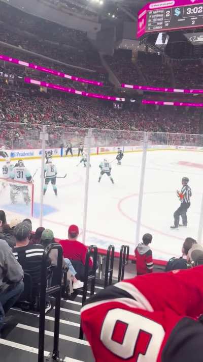 Quick clip of Devils attacking in Seattle zone with 2 mins left in the 3rd. View: 6 rows off the ice behind the goal off to the goalie’s right