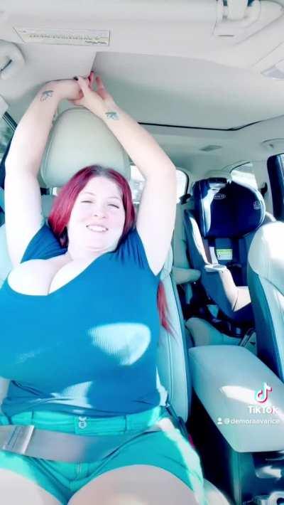 Imagine having your huge tits pull you around when driving in a car