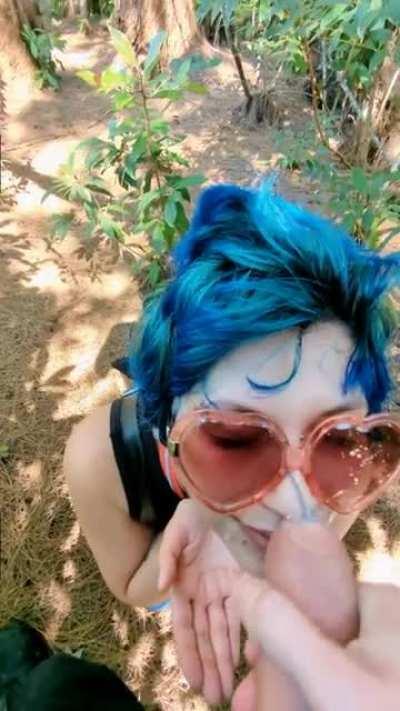 Cumming on her face in the great outdoors