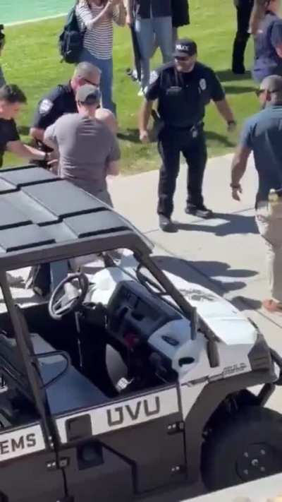 Footage of Kirk's assassin sandbagging police and getting hauled in to custody with his pants around his ankles