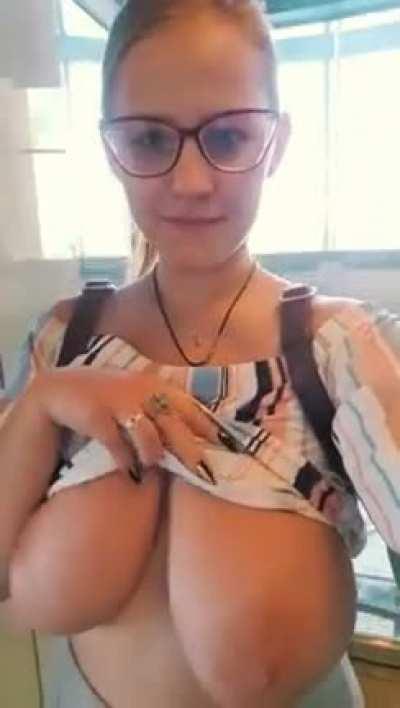 Well, so you're riding the elevator in the mall, normally, taking a selfie video of your huge boobs as usual. The elevator stops, the doors open, and you see a woman with her eyes bulging heh.