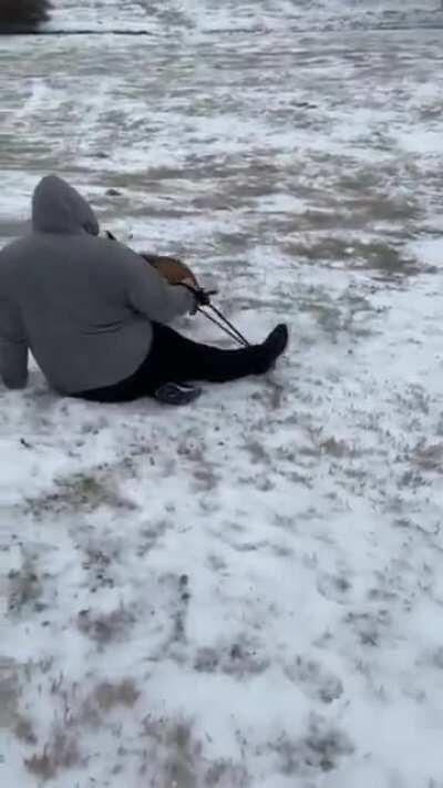 Dog gets excited about the snow and pulls guy down the hill