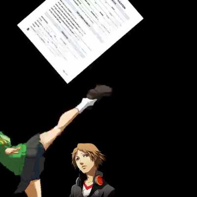 Yosuke tries to hand Chie a j*b application