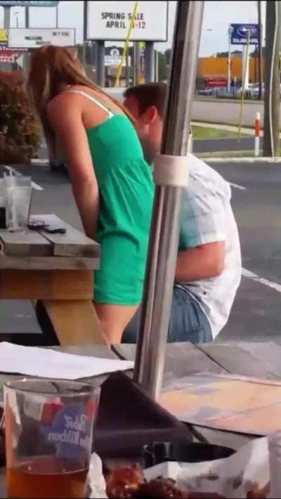 Dude fingering his girl in a crowded cafe