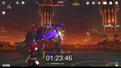 Lvl 90 Childe Amber solo under 2mins (no hit and no food used)