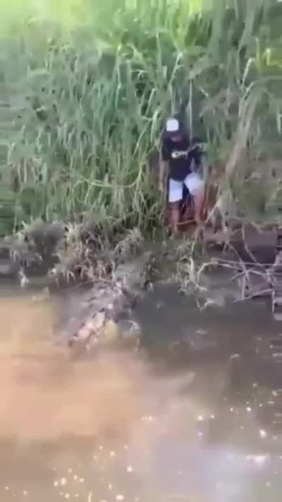 Caiman has a kid cornered and at its complete mercy. Extremely lucky the boat turned up. I would have shat my entire intestinal system out!