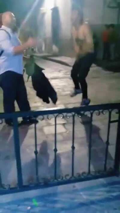 Guy gets a bit too hyped up before starting a fight...