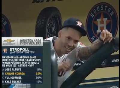 Correa makes fun of Altuve for getting yet another 4 hit (but not 5 hit) game and Altuve sticks his tongue out at him