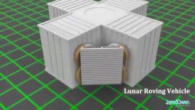 How the rovers were folded and stowed on the Lunar Modules of Apollo 15, 16 and 17. It also shows how Apollo 16 Astronauts David Scott and James Irwin deployed it on the moon in August 1971 (speed up 8X).