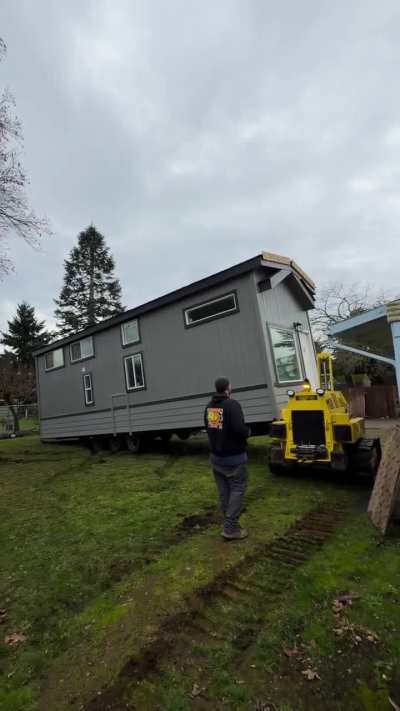 Our tightest delivery yet! Just inches to spare and a full 180 needed in the backyard, but we were able to set the tiny home exactly where they wanted it.
