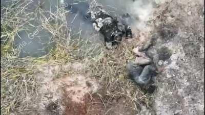 ua pov - very morbid and graphic video of Russian soldiers in mud and water being hit by Ukrainian drones. Some are seen firing back. Person is seen twitching and dying at the end and other dead bodies are seen