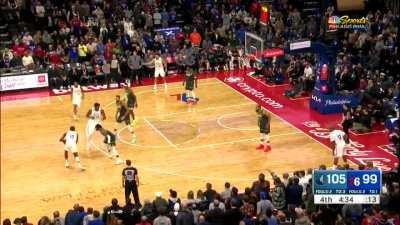 [Highlight] Embiid shakes off the injury and hustles for the steal, leading to him draining the 3 pointer
